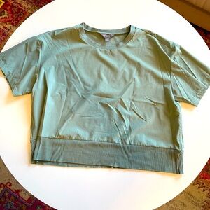 Cobble Lane Green Silky Blouse with Knit Bottom Hem